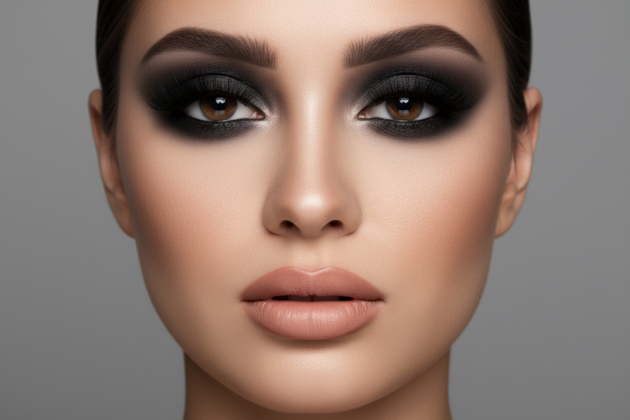 smoeky eyes and nude lips makeup look