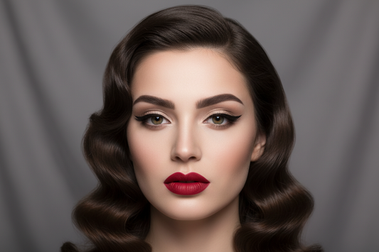 a makeup look with winged eyeliner and rel lips like old hollywood makeup 
