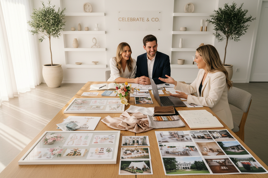 an event planner with a couple organising a party