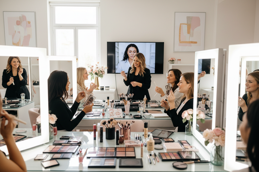 group of women doing a makeup seminar